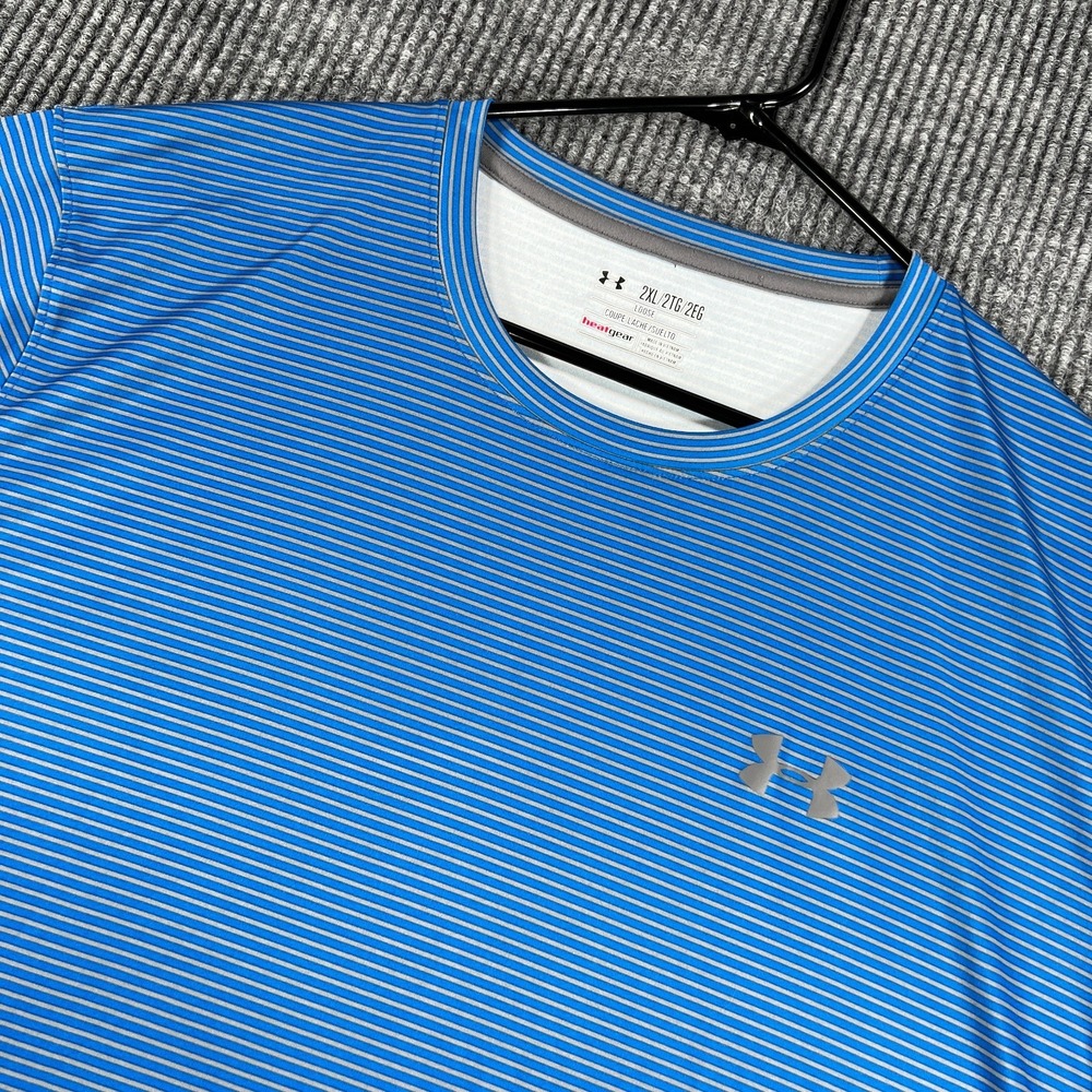 Under Armour HeatGear Shirt Mens 2XL Blue Striped Short Sleeve Athletic Loose